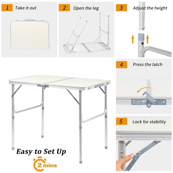 Aluminum Portable Folding Camping Table Adjustable Height White 36 x 24 inch J672