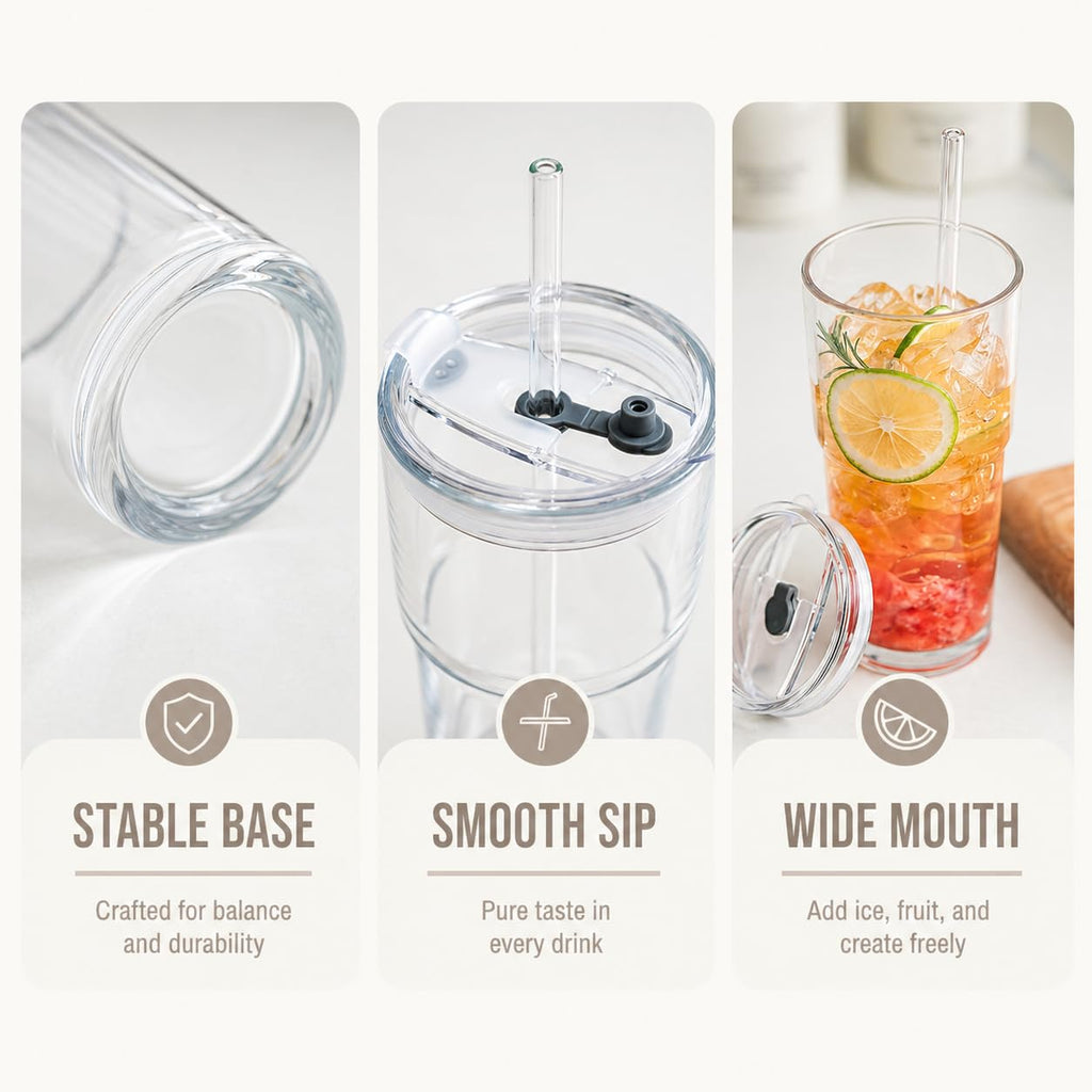 20oz Clear Glass Tumbler with Lid and Straws, Set of 2 F1280