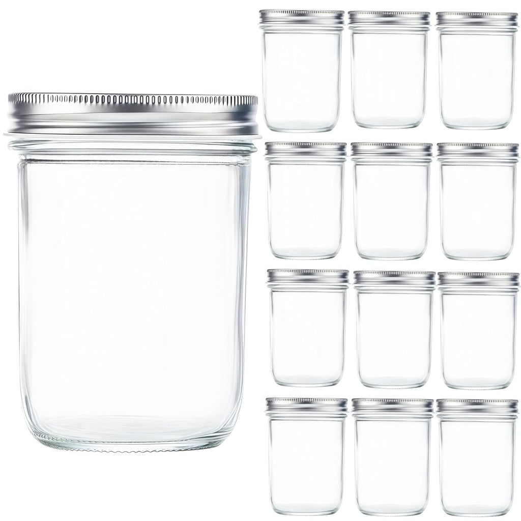 12 Pc 16 oz Wide Mouth Glass Mason Jars with Lids G167454
