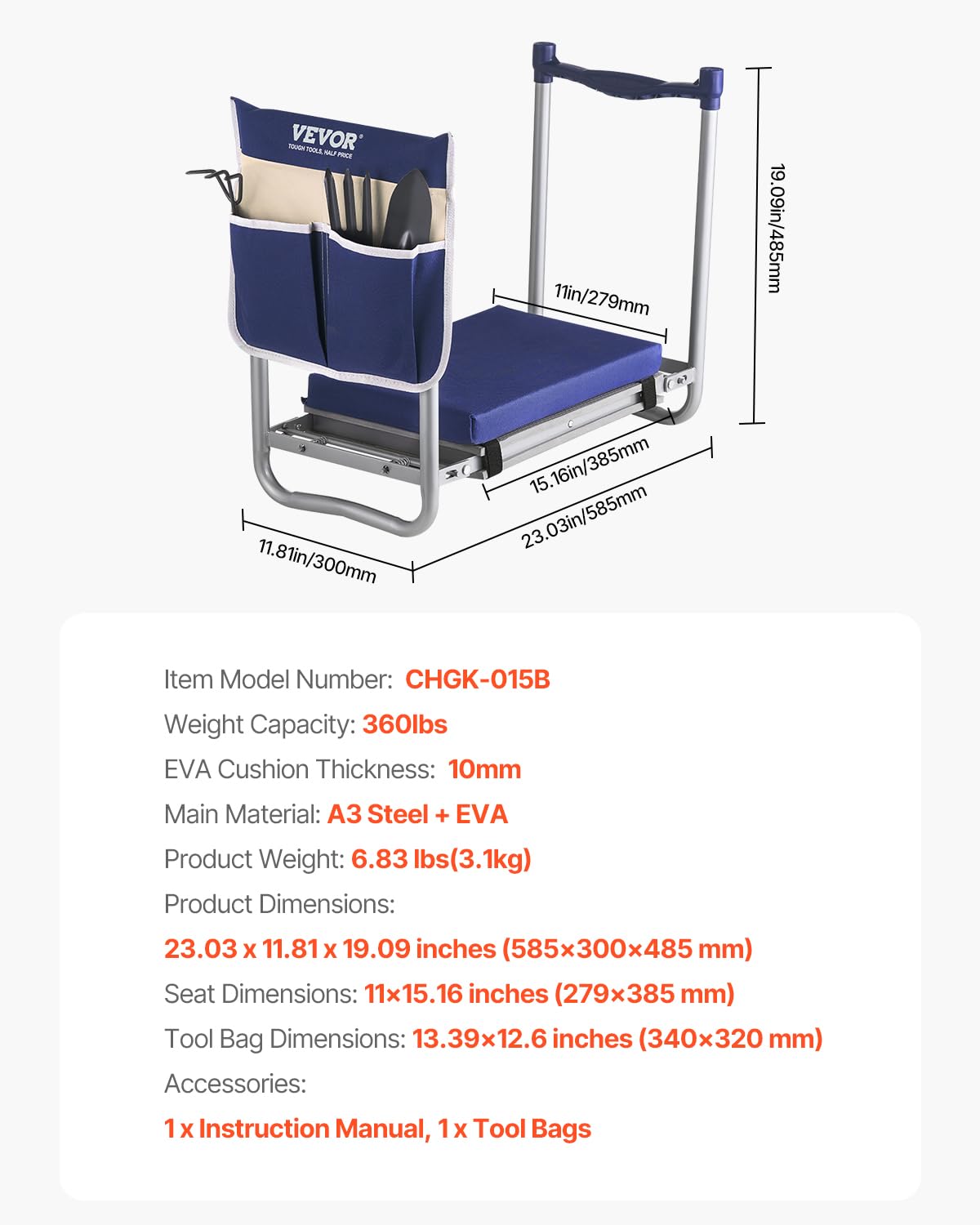 Folding Garden Kneeler and Seat with Tool Bags B58623