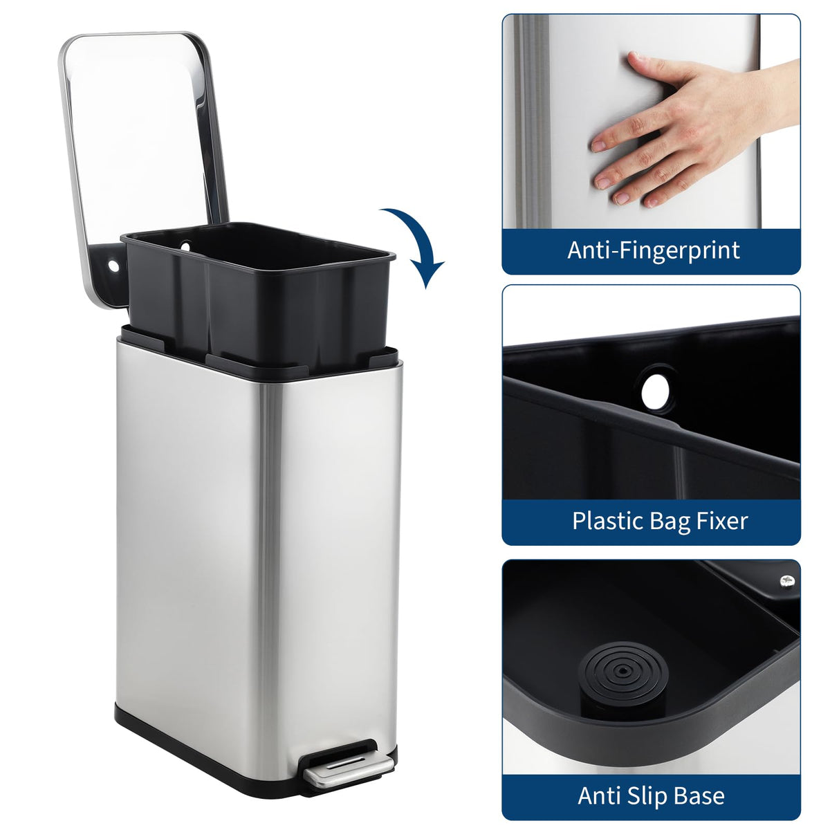 50L Slim Stainless Steel Step Trash Can with Soft-Close Lid X1339