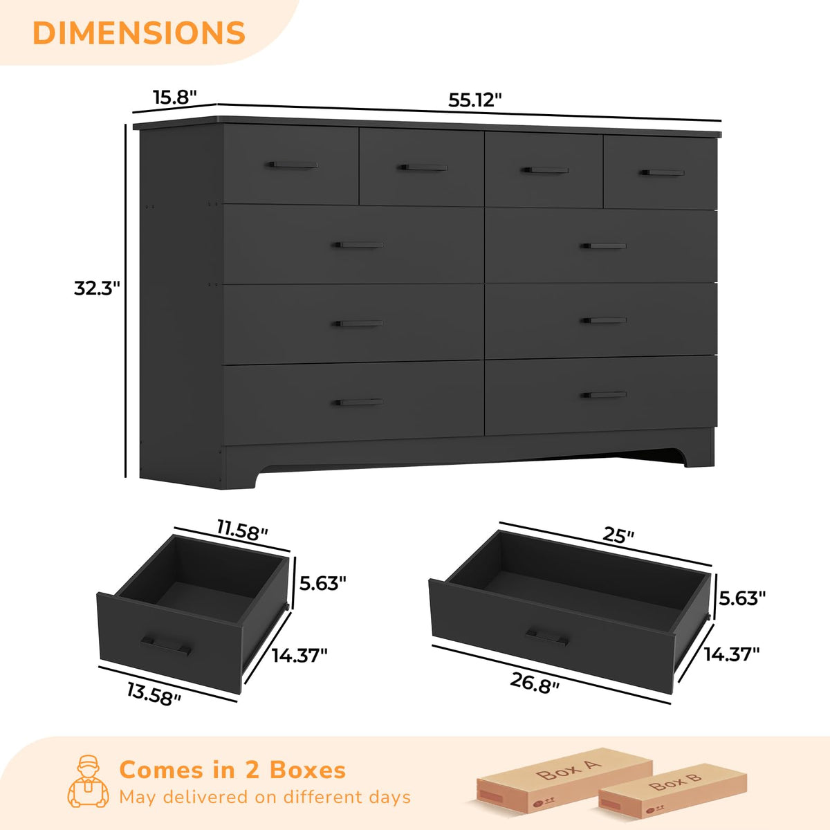 Black 10 Drawer Dresser with Power Outlets G23081