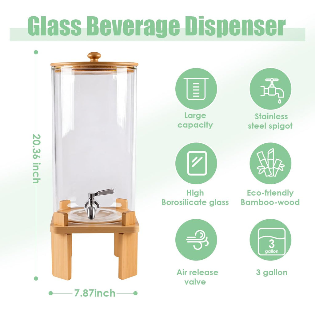 3 Gallon Glass Drink Dispenser with Wood Stand T5992