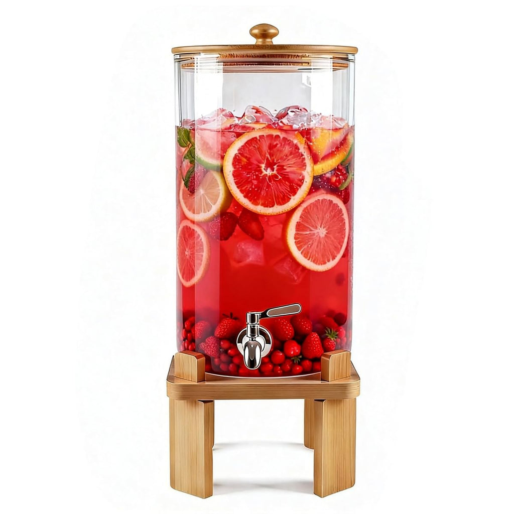 3 Gallon Glass Drink Dispenser with Wood Stand T5992