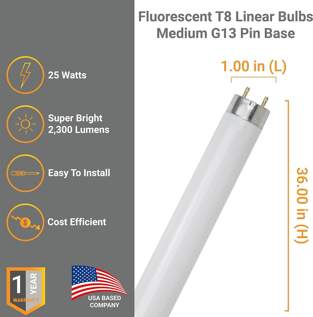 T8 Fluorescent Tube Light Bulb 25W 4100K Cool White G13 Pack of 30 F421422