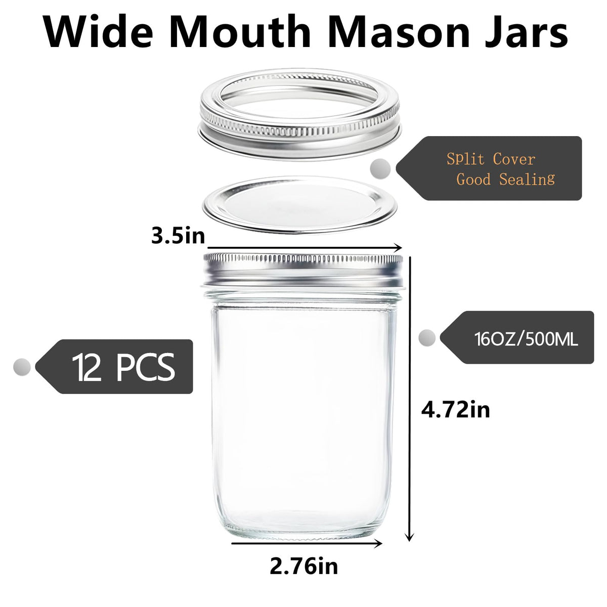 12 Pc 16 oz Wide Mouth Glass Mason Jars with Lids G167454
