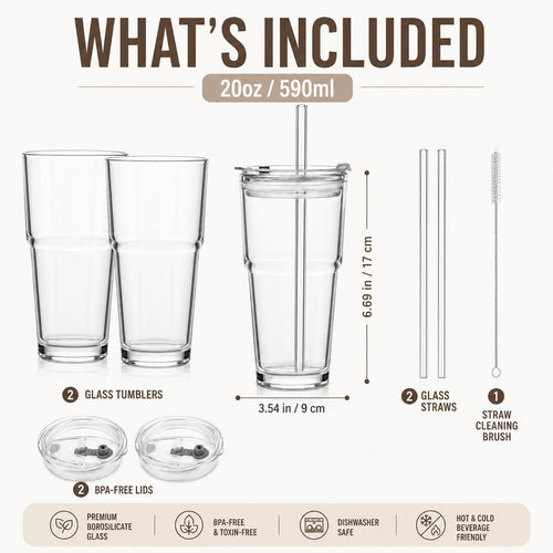 20oz Clear Glass Tumbler with Lid and Straws, Set of 2 F1280