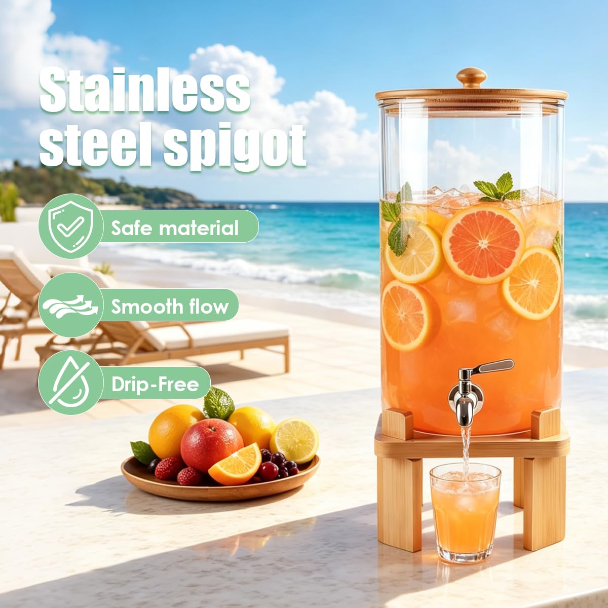 3 Gallon Glass Drink Dispenser with Wood Stand T5992