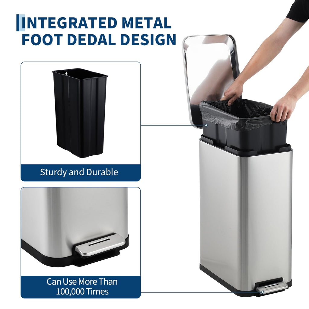 50L Slim Stainless Steel Step Trash Can with Soft-Close Lid X1339