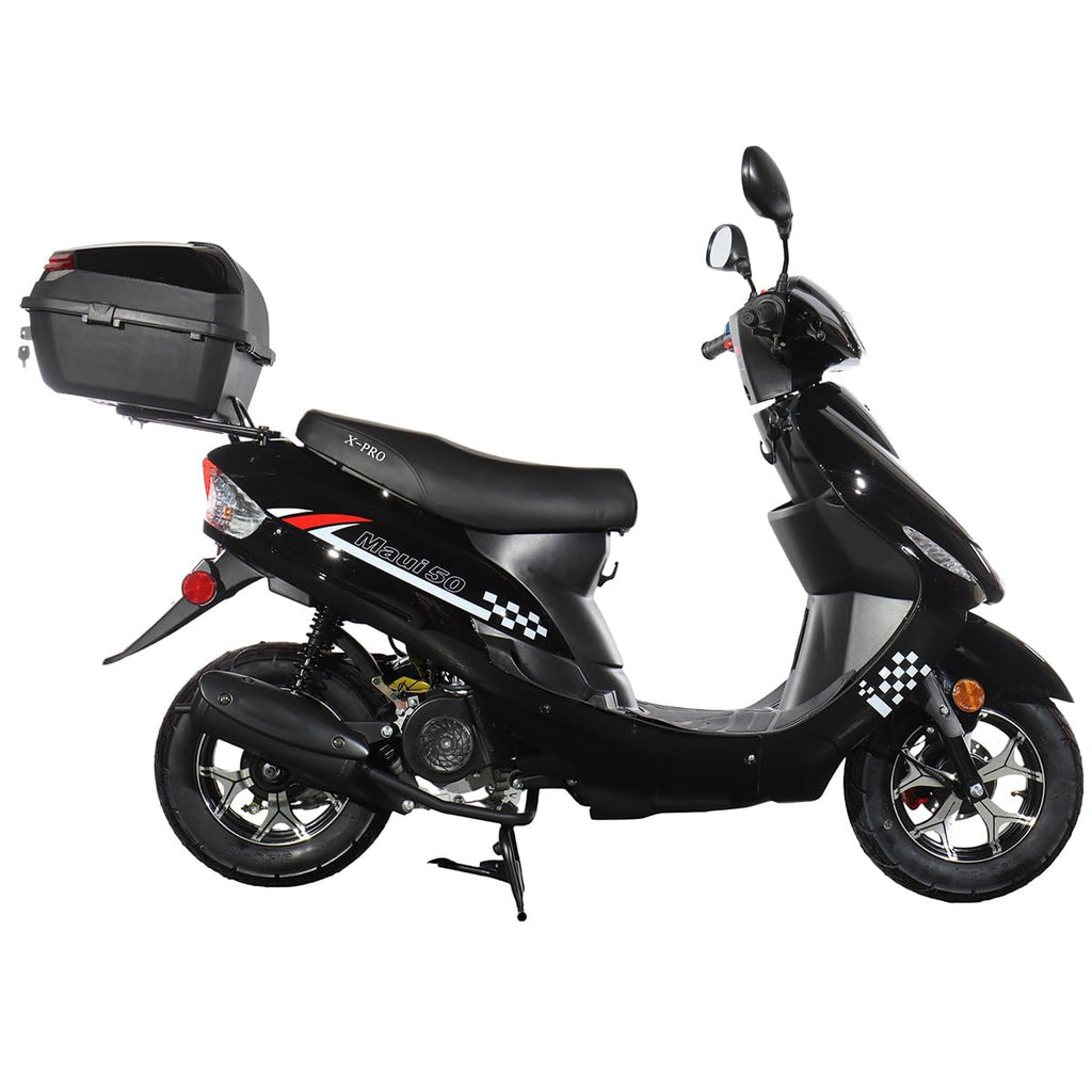 50 Gas Moped with 10" Aluminum Wheels, Rear Trunk, Electric/Kick Start, Black L7518