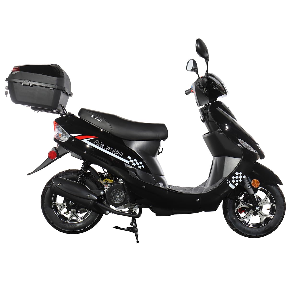 50 Gas Moped with 10" Aluminum Wheels, Rear Trunk, Electric/Kick Start, Black L7518