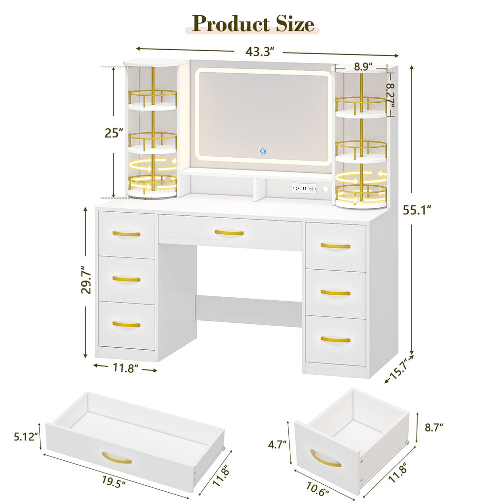 Vanity Desk with Mirror and Lights, 7 Drawers Q161