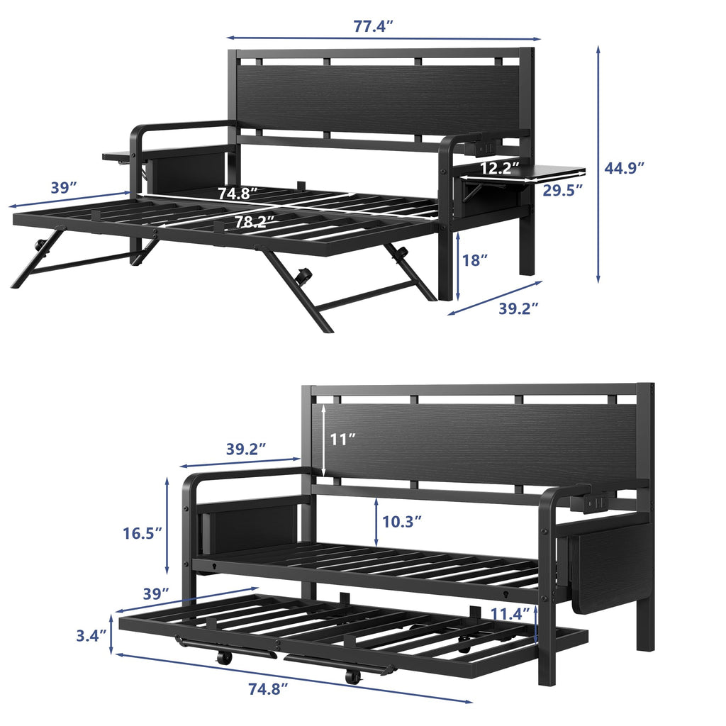 Black Metal Daybed with Trundle and LED Light H19378