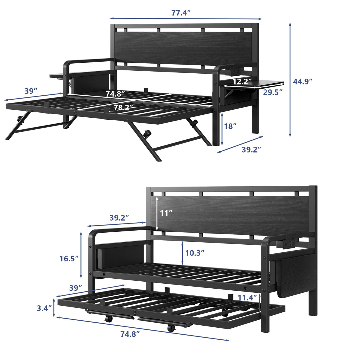 Black Metal Daybed with Trundle and LED Light H19378