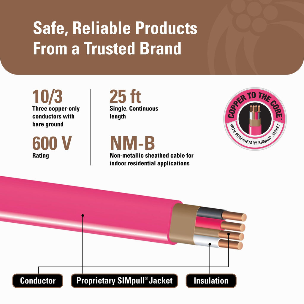 10 Gauge 3 Conductor 25Ft Pink Residential Wire Z678760