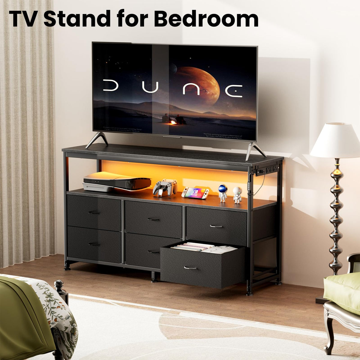 Black Dresser TV Stand with 6 Fabric Drawers U443