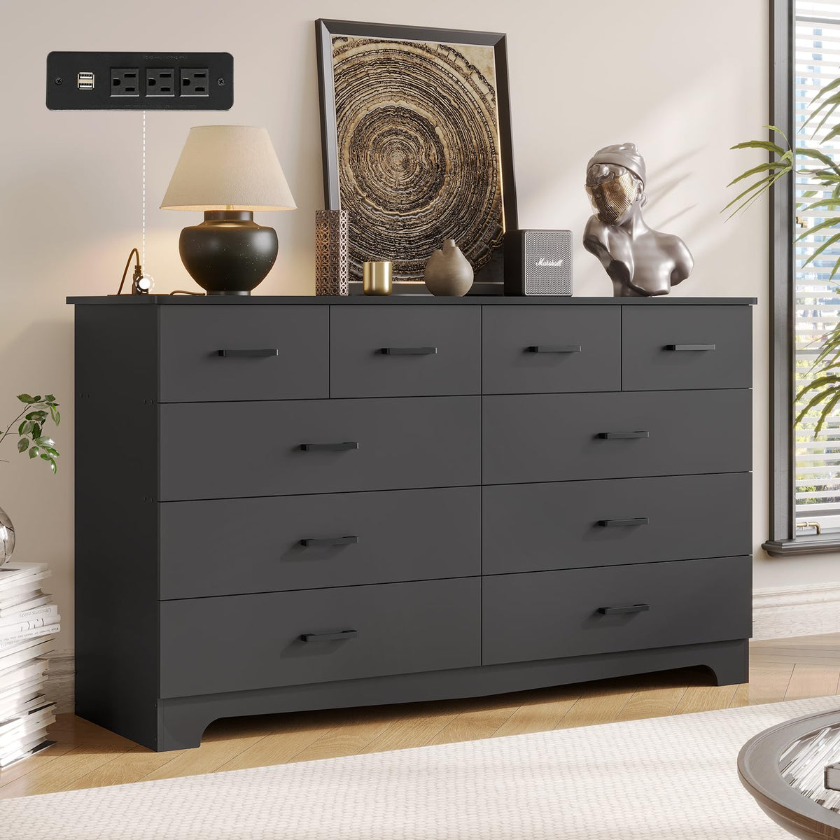 Black 10 Drawer Dresser with Power Outlets G23081