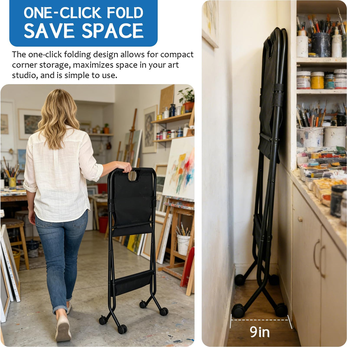 Folding Canvas Art Print Storage Rack with Caster Wheels D2794