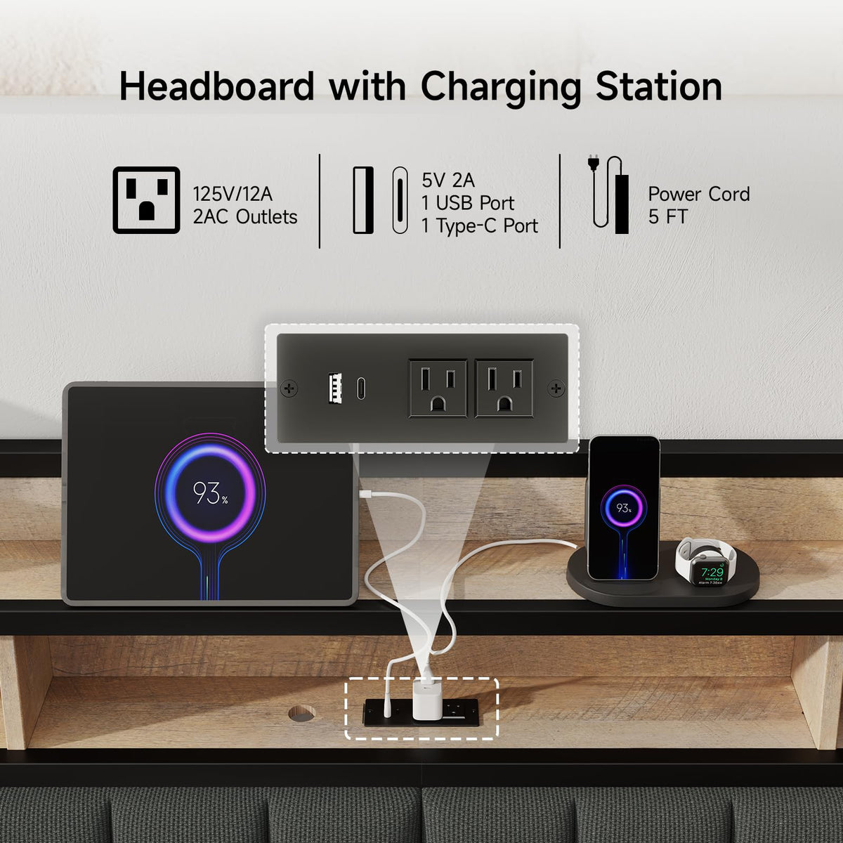 King Headboard with Storage and Charging Station X976