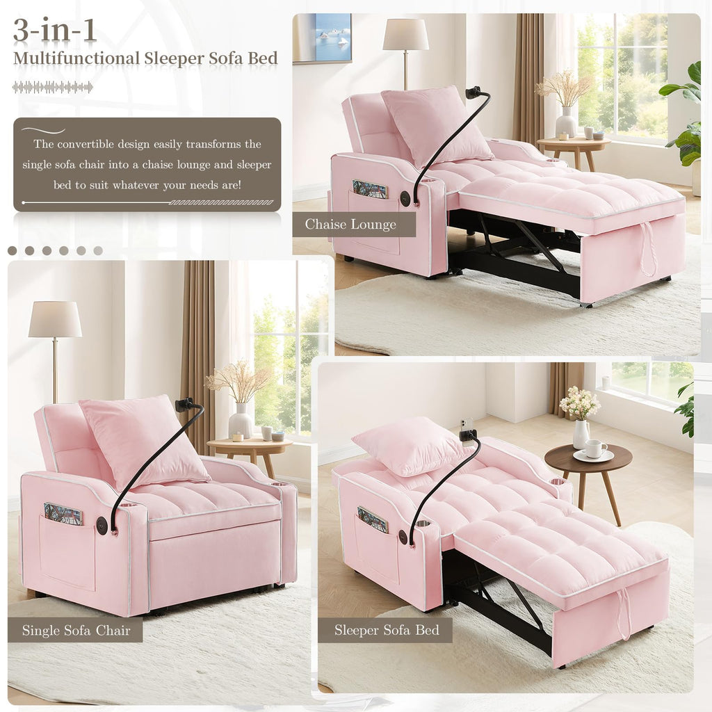 Pink Velvet Convertible Sleeper Chair Bed P501