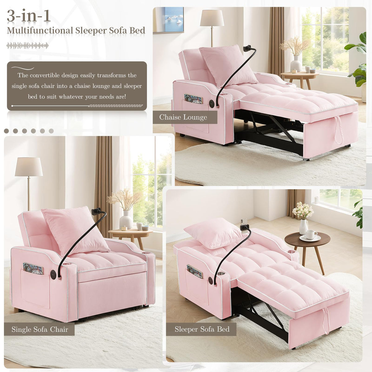 Pink Velvet Convertible Sleeper Chair Bed P501