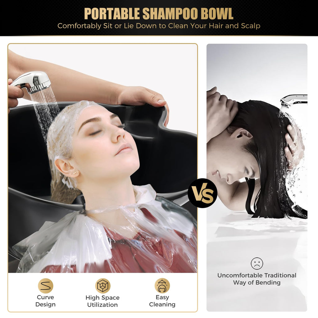 Black Portable Shampoo Bowl with 2 Bucket and Drain Hoses A5962