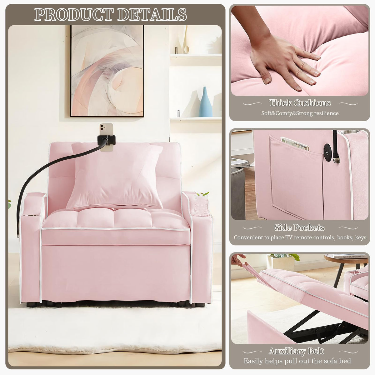 Pink Velvet Convertible Sleeper Chair Bed P501