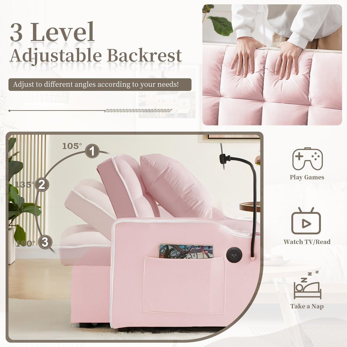 Pink Velvet Convertible Sleeper Chair Bed P501