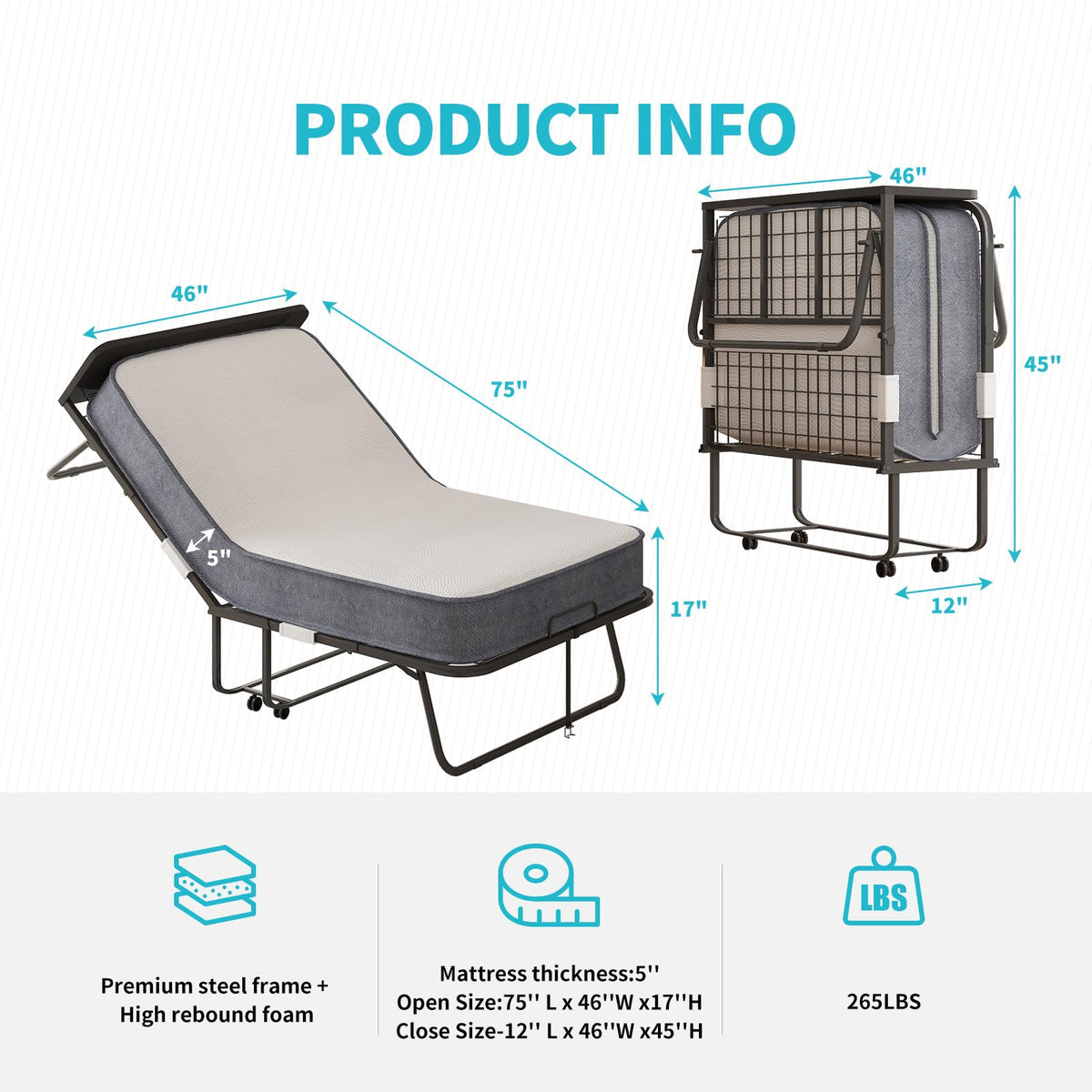 75" x 46" Folding Bed with 5" Memory Foam Mattress and Headboard K60627