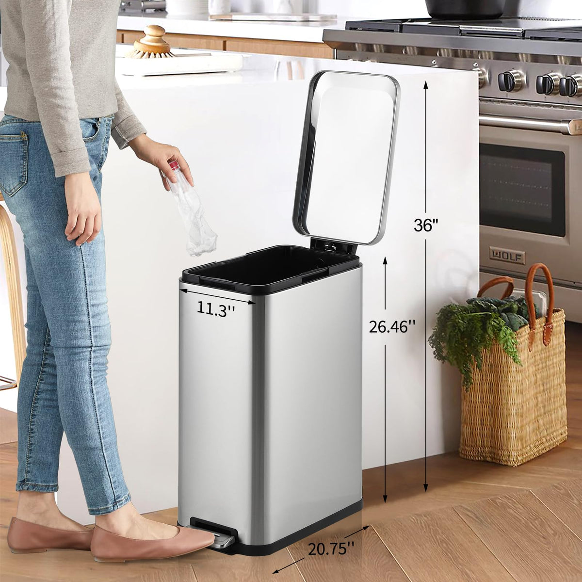 50L Slim Stainless Steel Step Trash Can with Soft-Close Lid X1339
