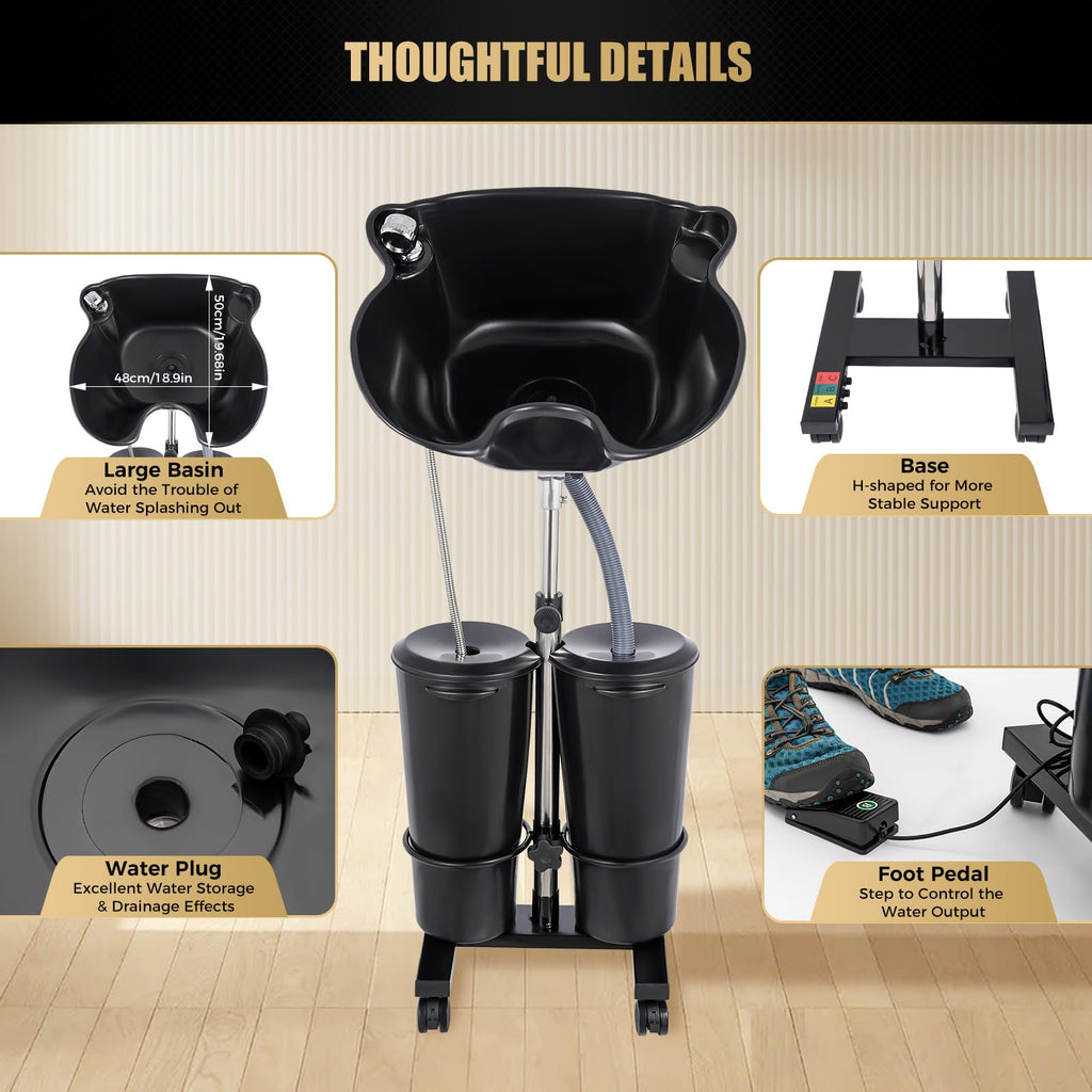 Black Portable Shampoo Bowl with 2 Bucket and Drain Hoses A5962