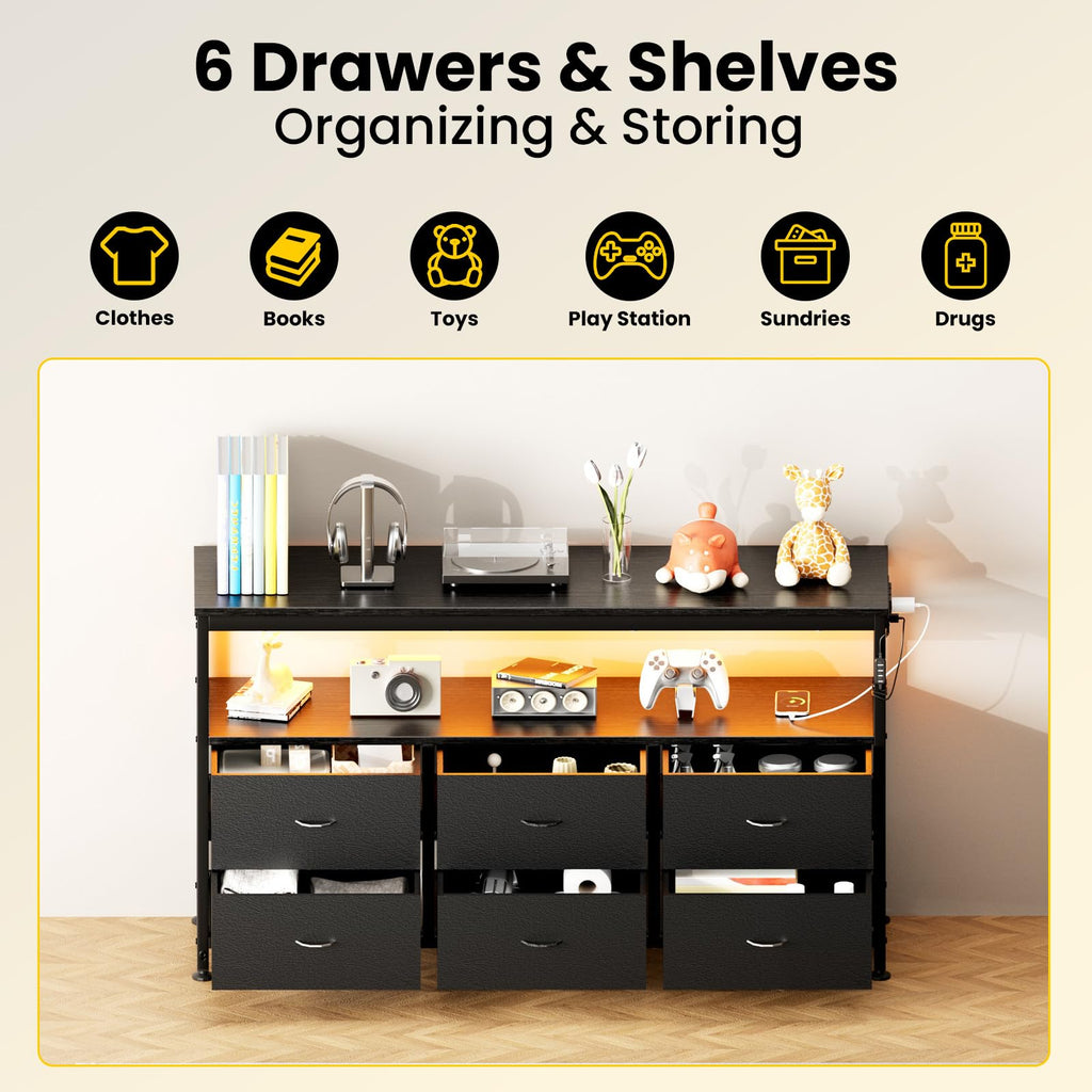 Black Dresser TV Stand with 6 Fabric Drawers U443