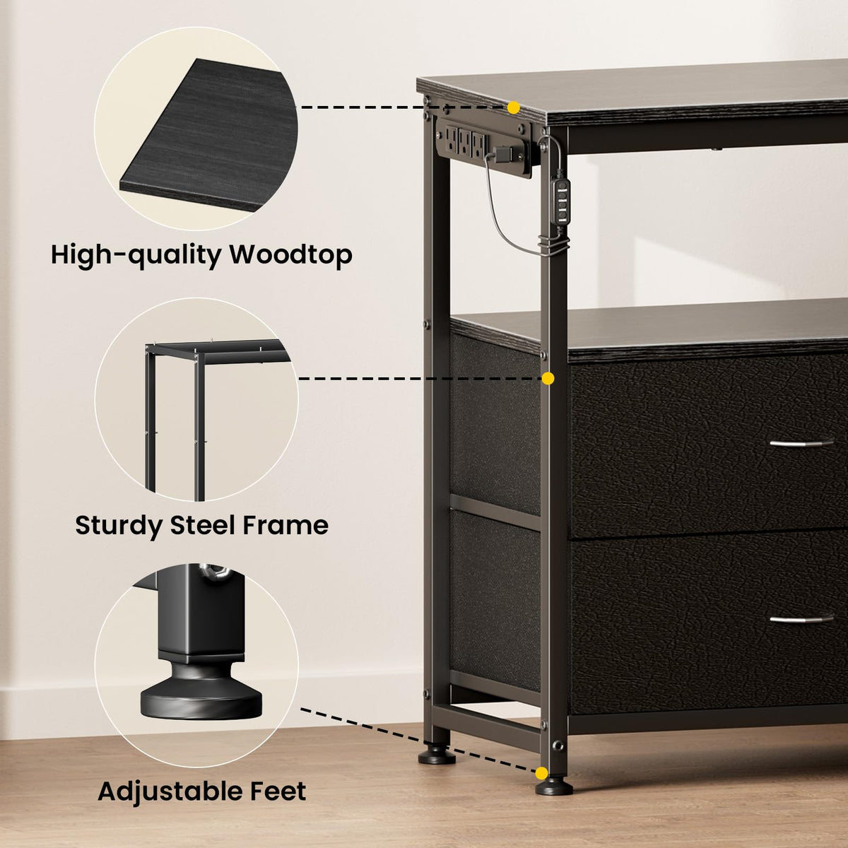 Black Dresser TV Stand with 6 Fabric Drawers U443