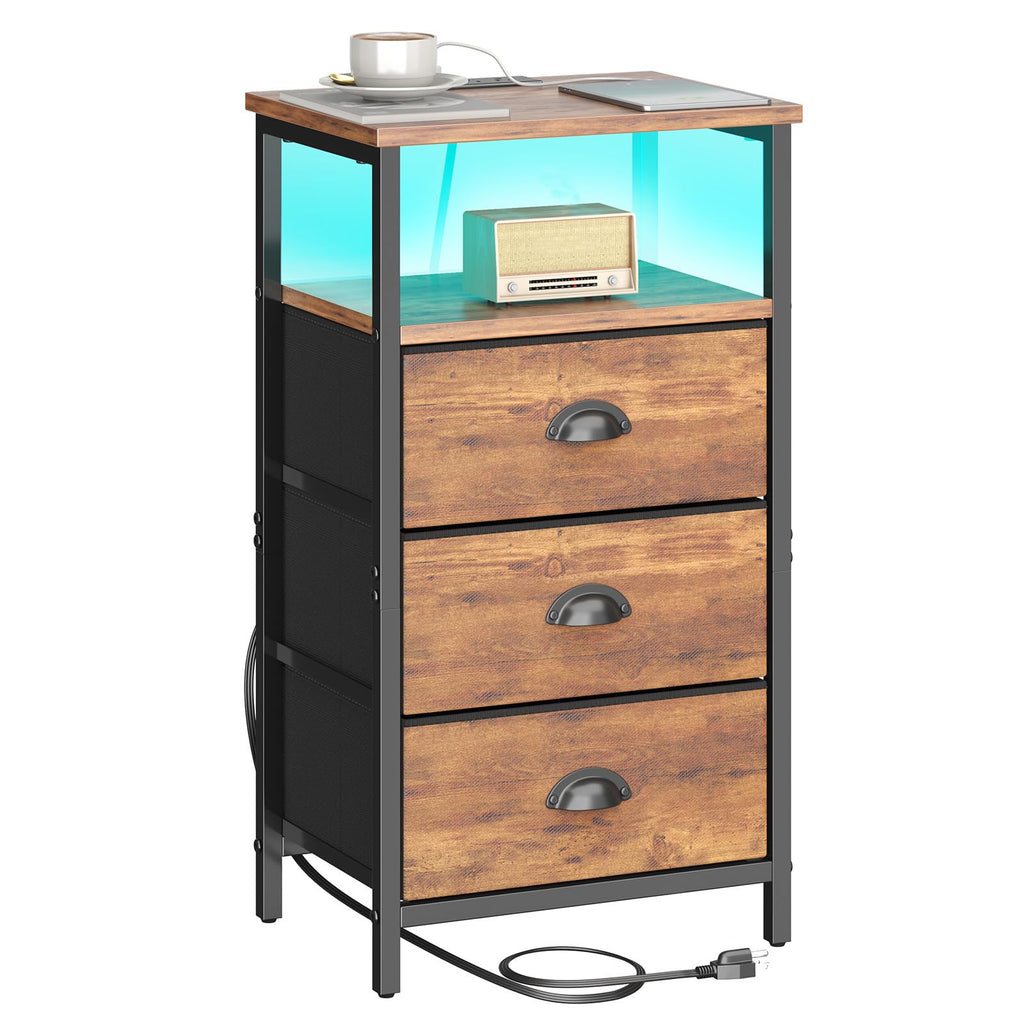 Rustic Brown End Table with Charging Station and LED Light, 3 Fabric Drawers R94518