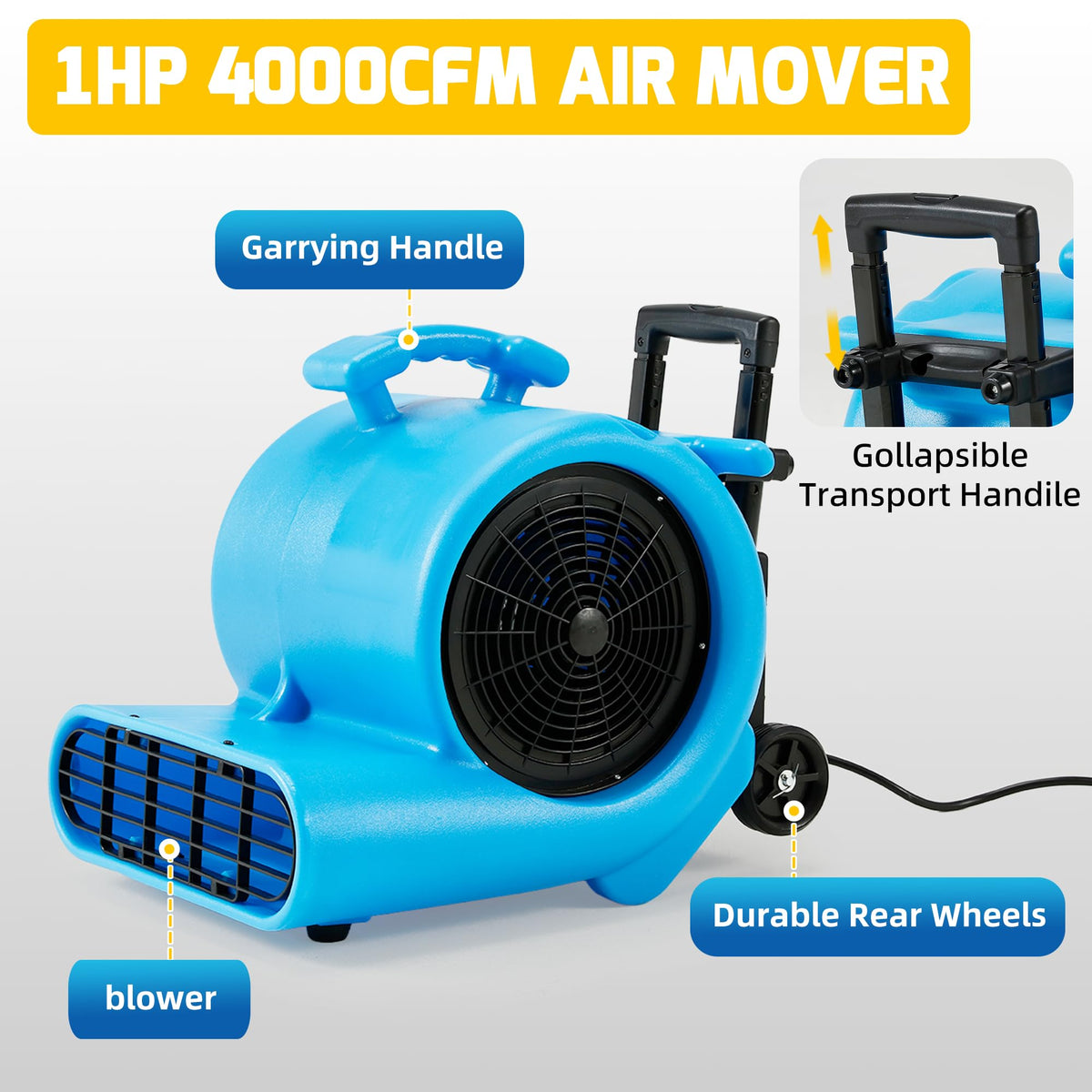 1 HP 4000 CFM 3-Speed Air Mover with Wheels K6557