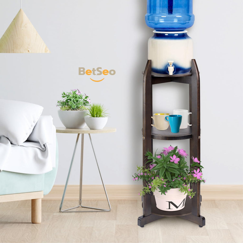 Solid Wood Water Dispenser Floor Stand with 3 Round Shelfs A19409