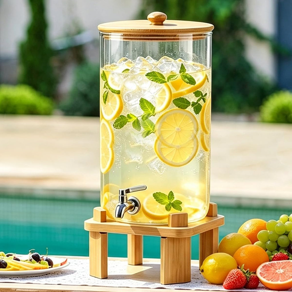 3 Gallon Glass Drink Dispenser with Wood Stand T5992