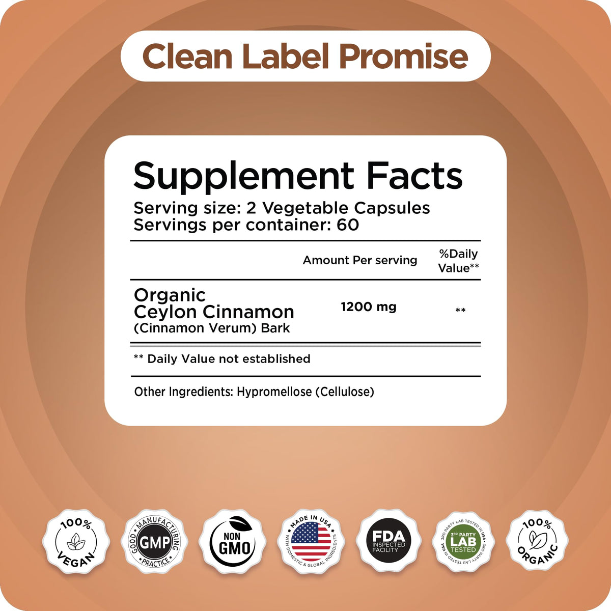 Certified Organic Ceylon Cinnamon 1200mg 120 Veg Capsules M271