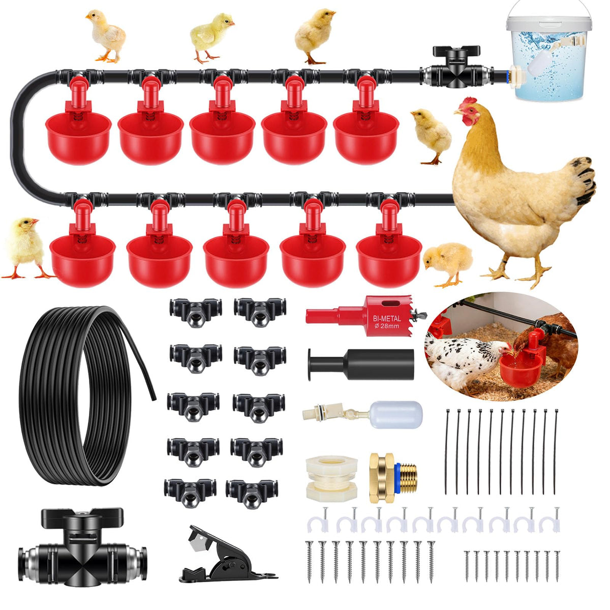 Automatic Chicken Watering System with 10 Red Cups N487