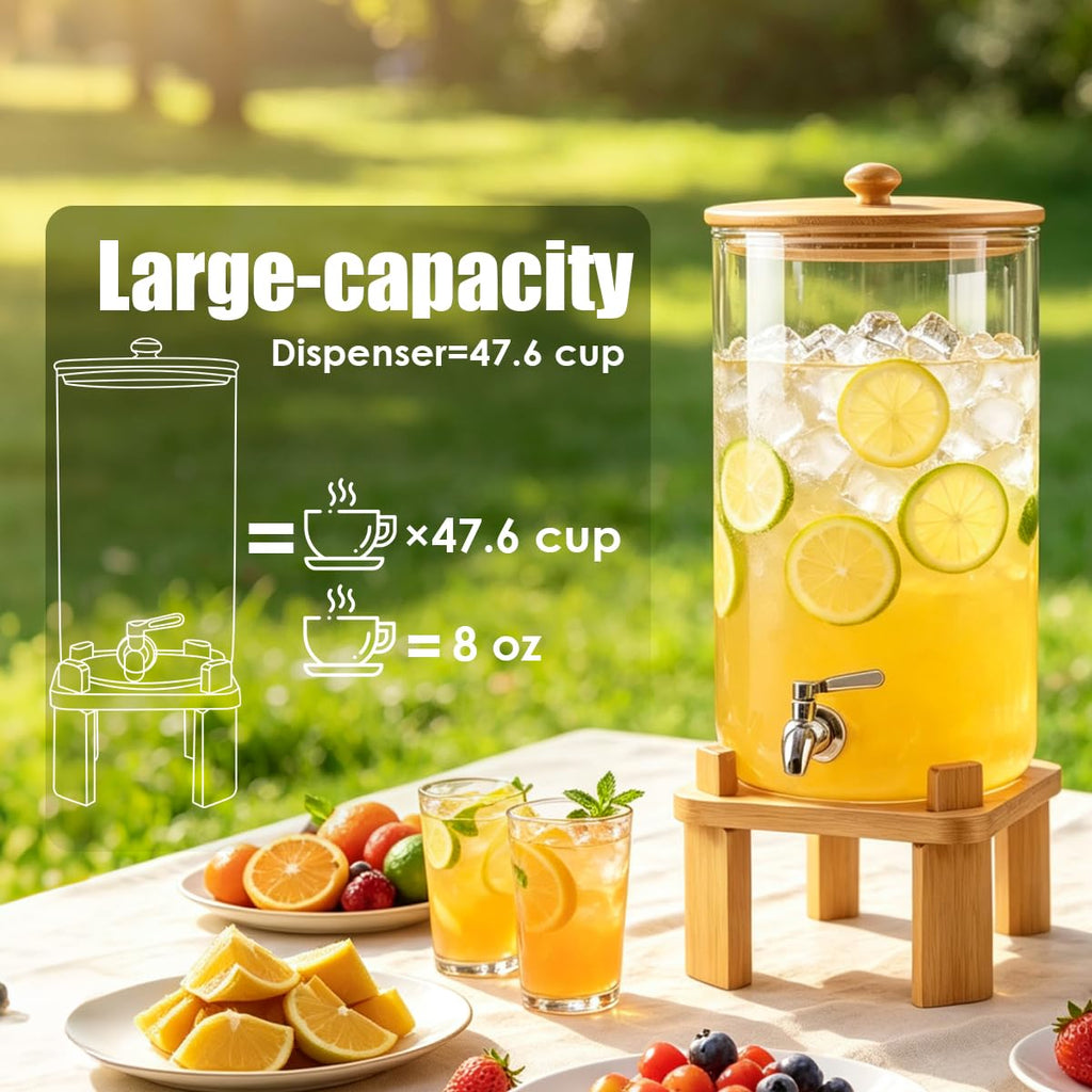 3 Gallon Glass Drink Dispenser with Wood Stand T5992