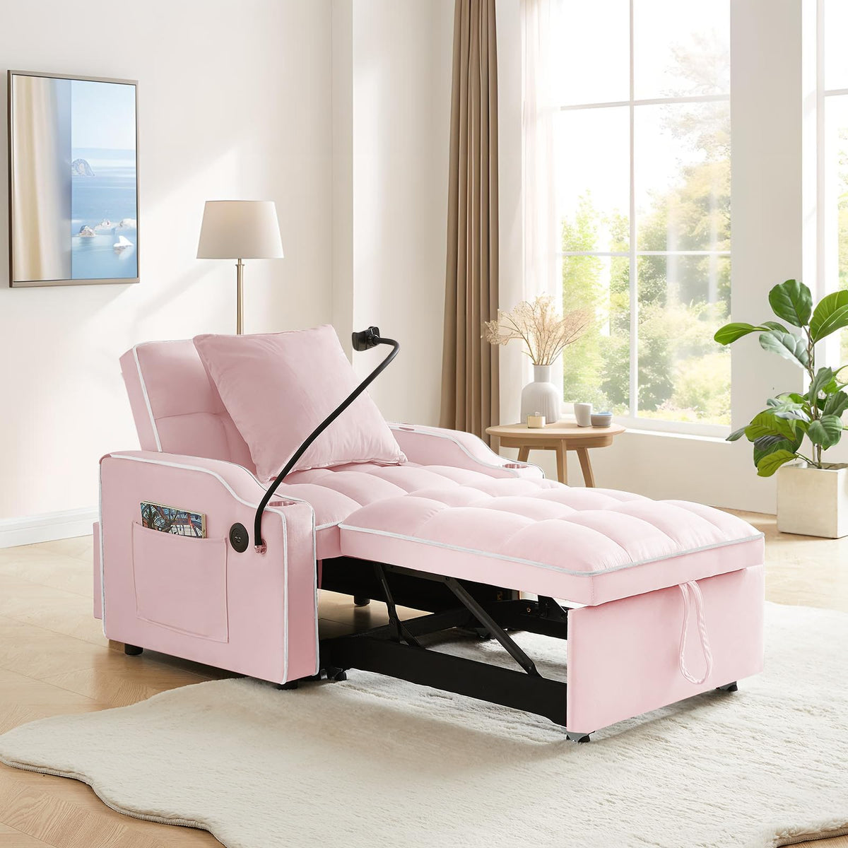 Pink Velvet Convertible Sleeper Chair Bed P501