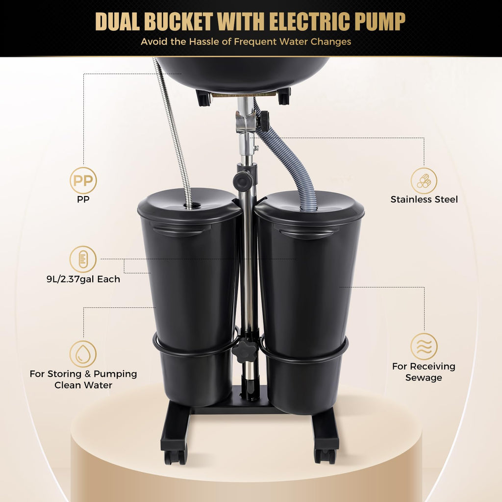 Black Portable Shampoo Bowl with 2 Bucket and Drain Hoses A5962