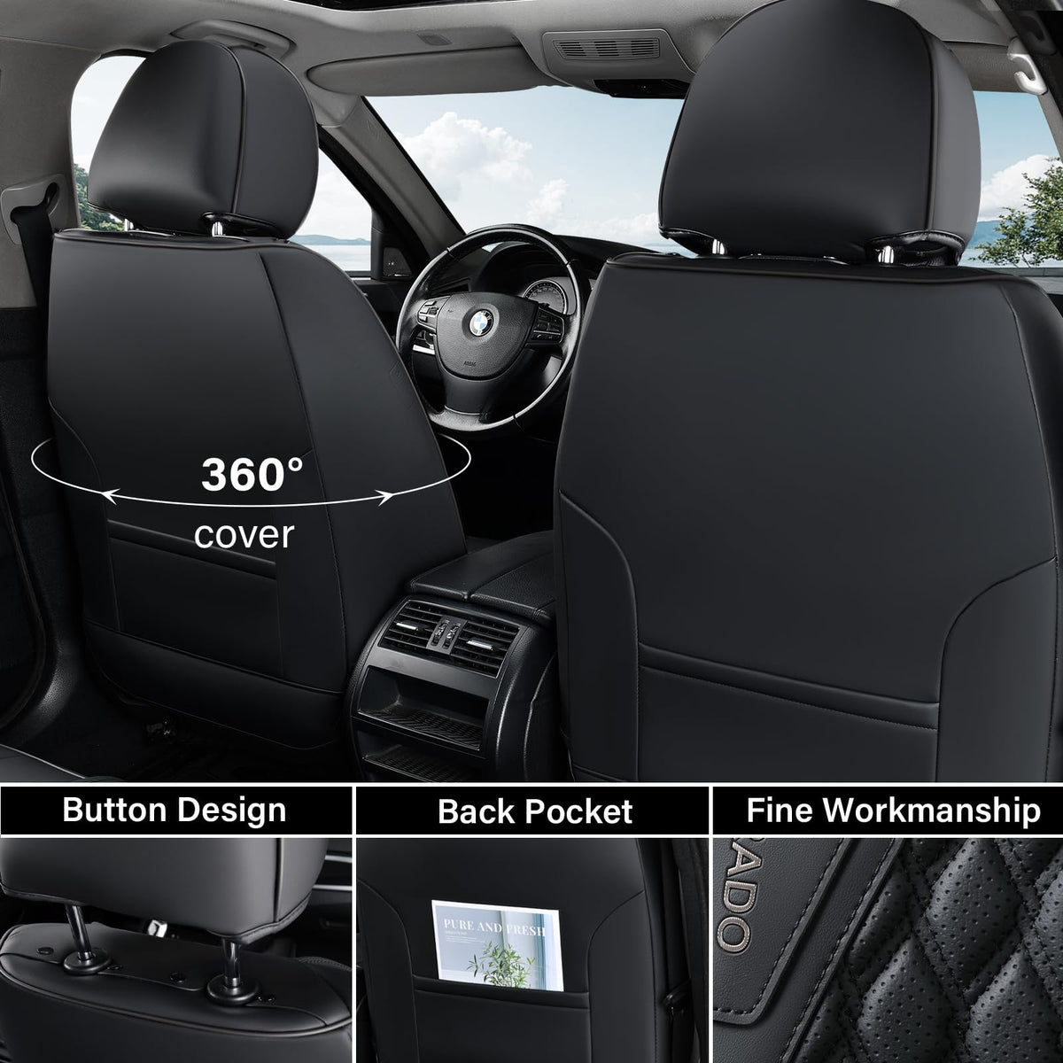 Black 5 Seats Nappa Leather Car Seat Covers Full Set S76084