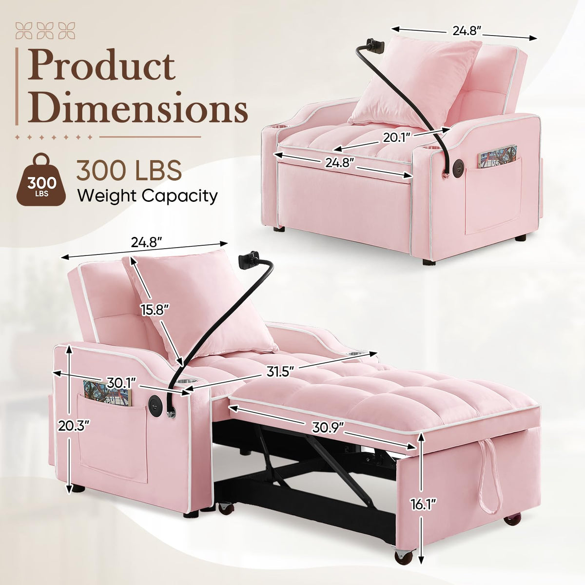 Pink Velvet Convertible Sleeper Chair Bed P501