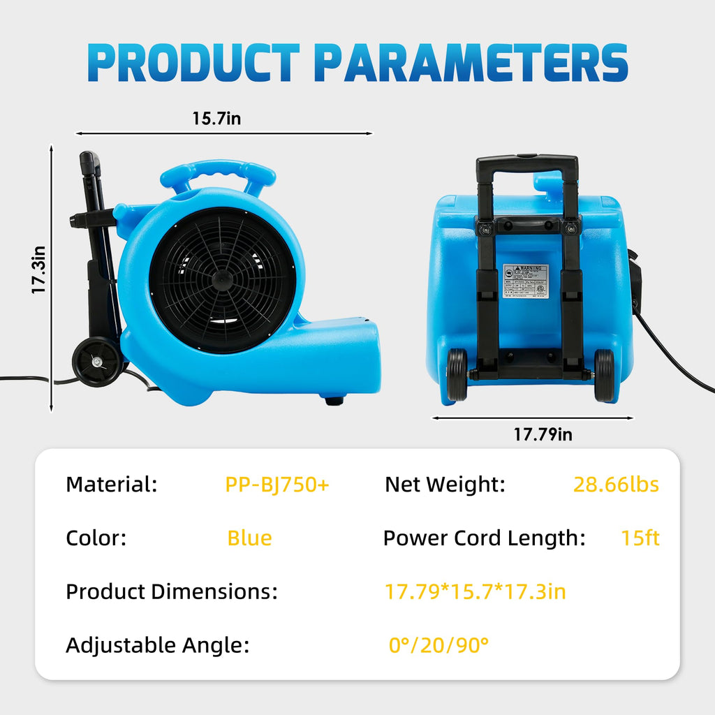 1 HP 4000 CFM 3-Speed Air Mover with Wheels K6557