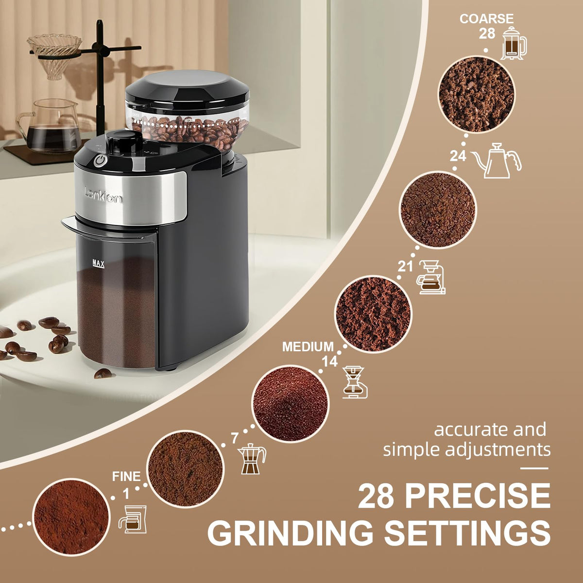 Electric Burr Coffee Grinder with 28 Adjustable Grind Settings I90858