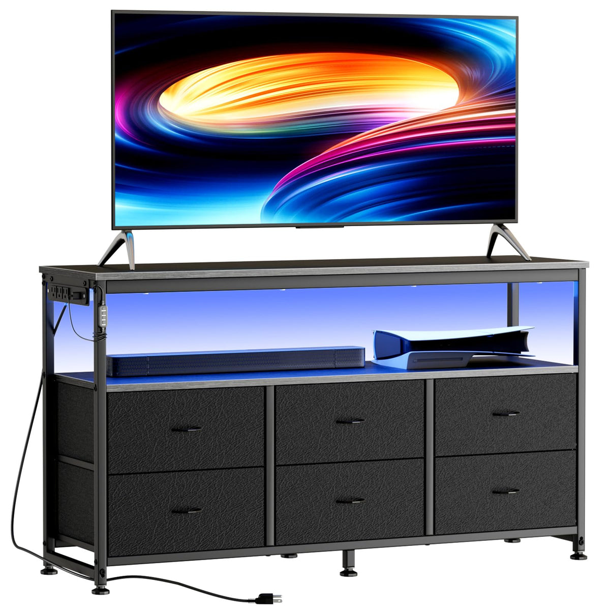 Black Dresser TV Stand with 6 Fabric Drawers U443