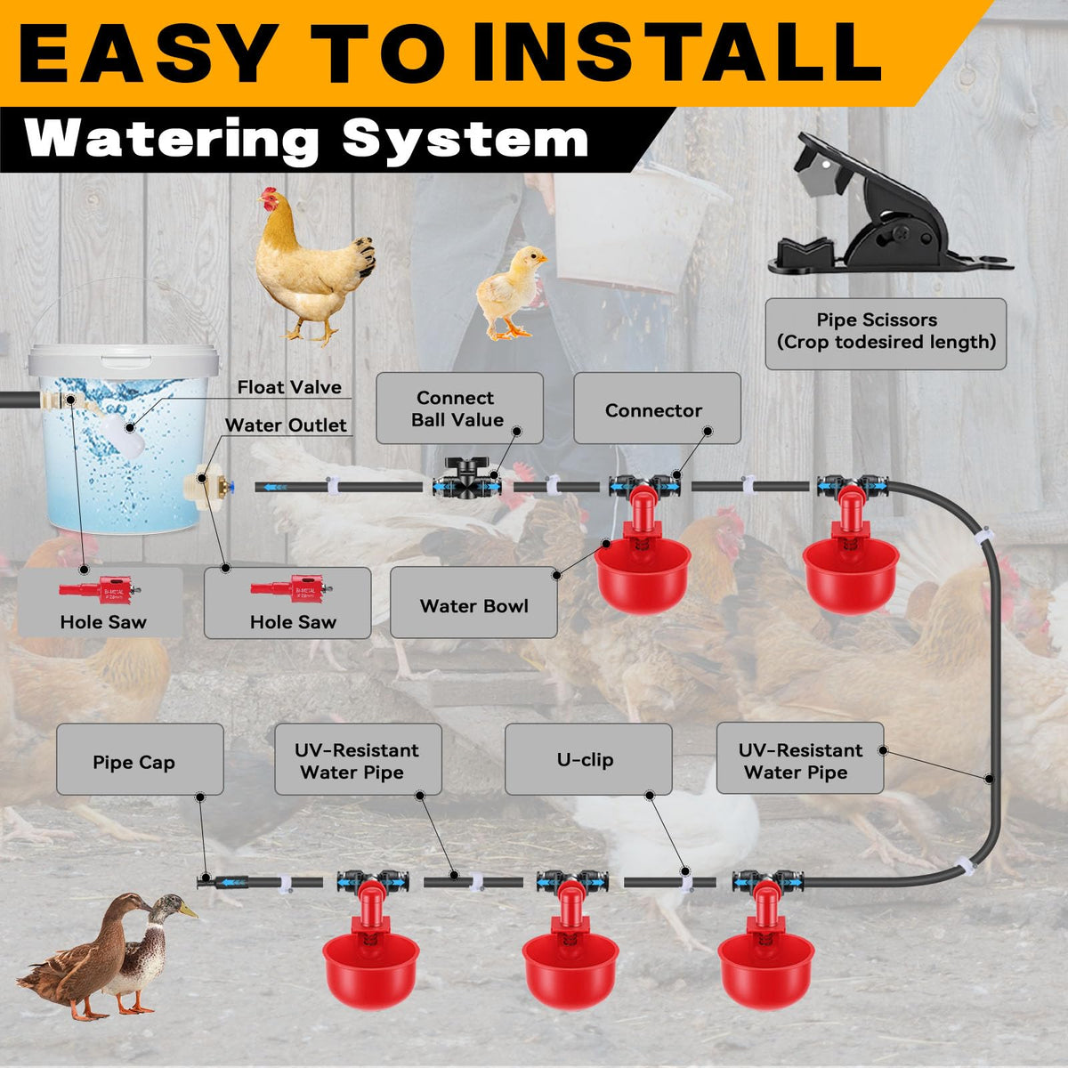 Automatic Chicken Watering System with 10 Red Cups N487