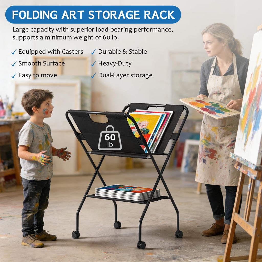 Folding Canvas Art Print Storage Rack with Caster Wheels D2794