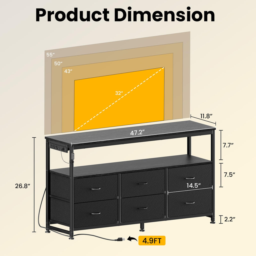 Black Dresser TV Stand with 6 Fabric Drawers U443